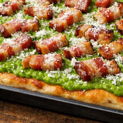 pizza piselli, guanciale pecorino