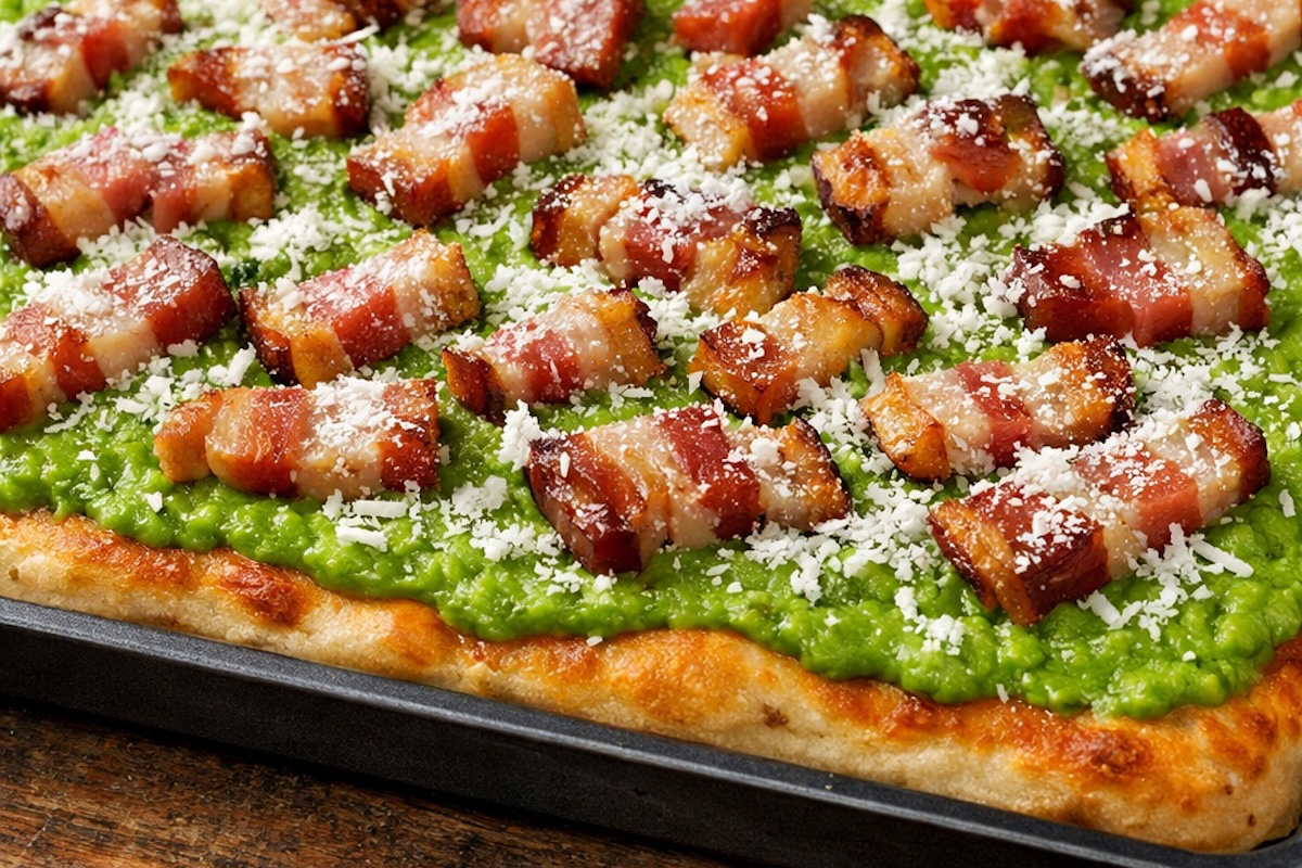 pizza piselli, guanciale pecorino