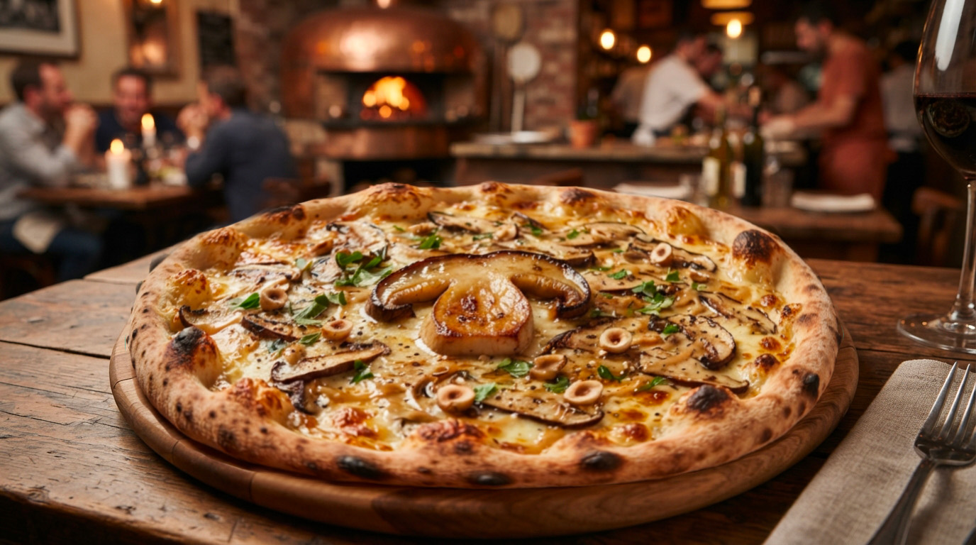 pizza tonda romana porcini nocciole provola
