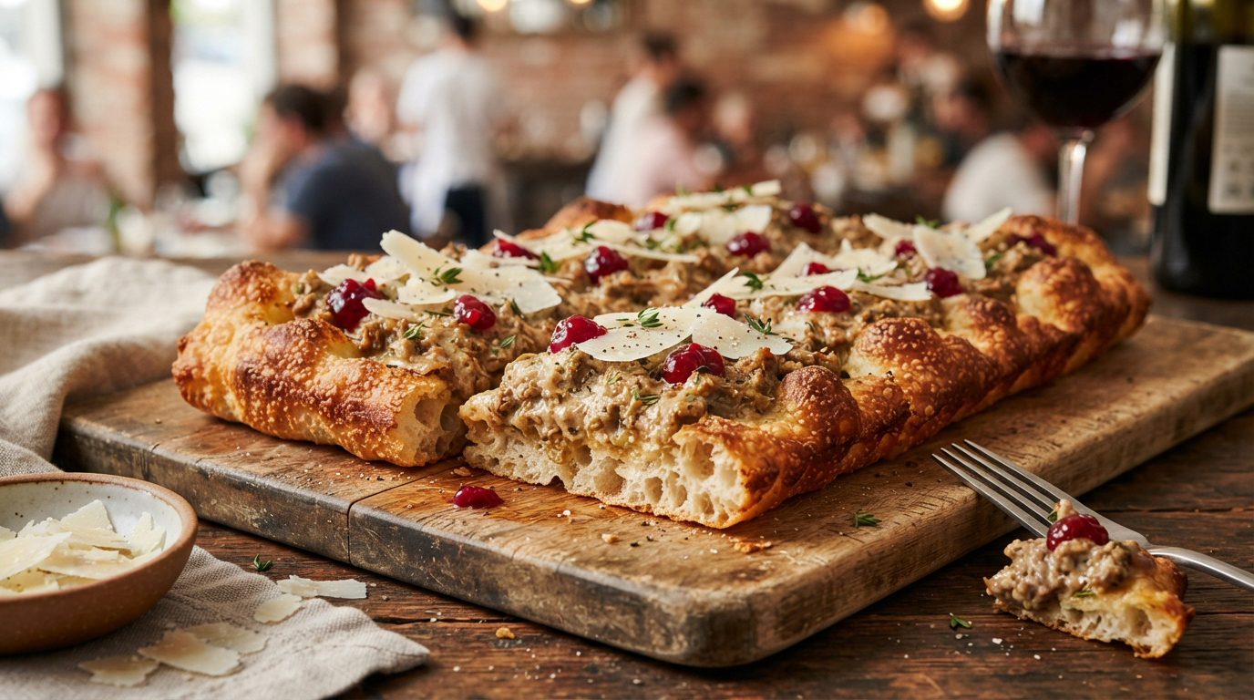 Pizza in teglia ragu cinghiale pecorini e mirtilli rossi