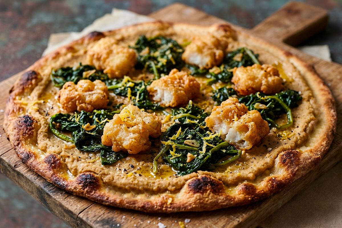 pizza romana baccala e crema di ceci