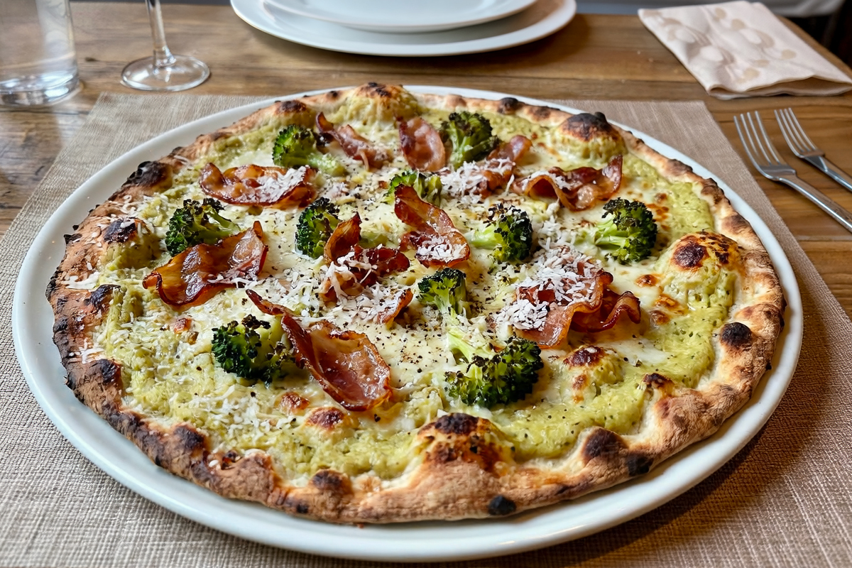pizza romana broccoli e guanciale